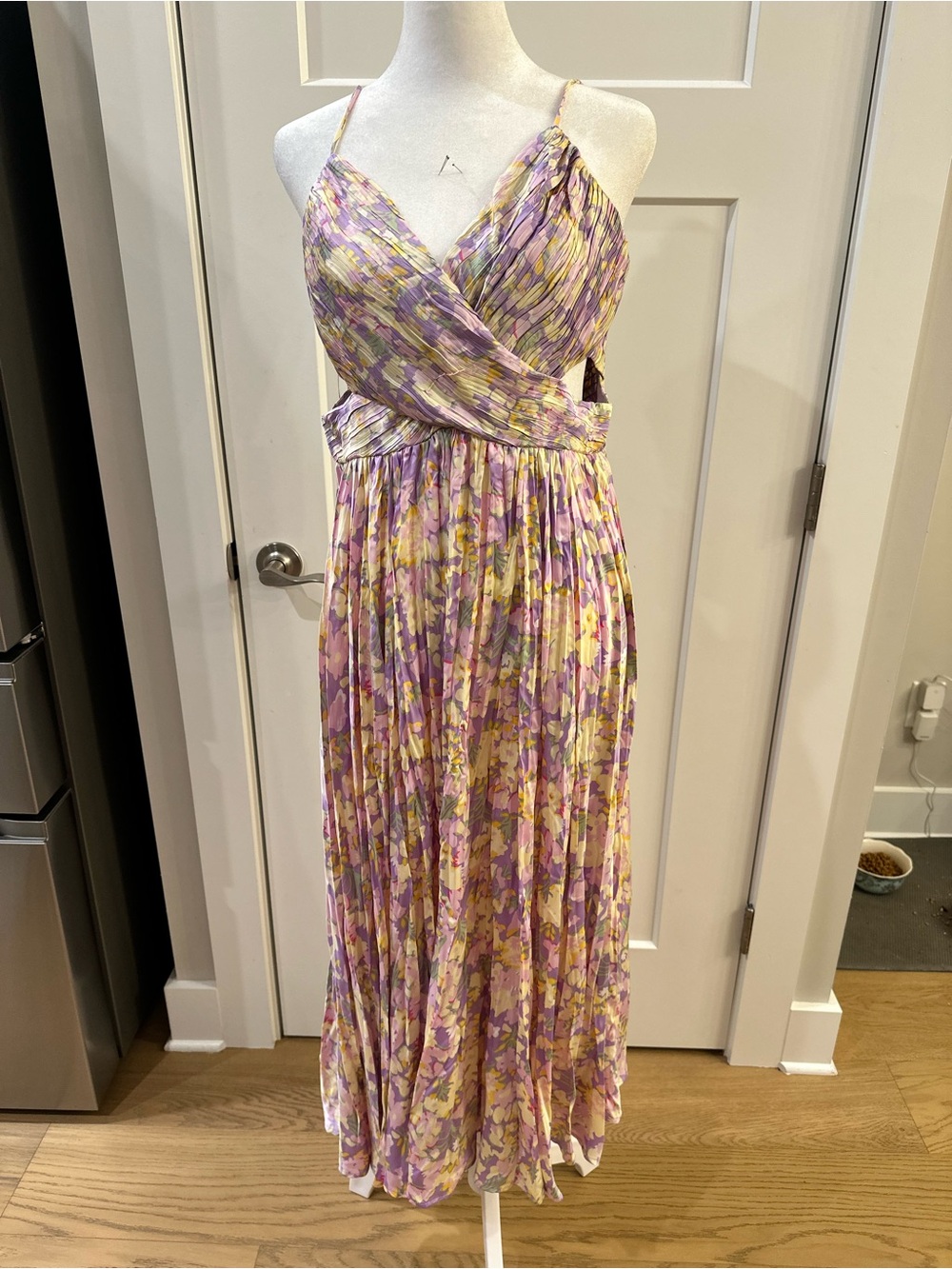 Astr Floral Lavender and Yellow Pleated Wrap Maxi Dress